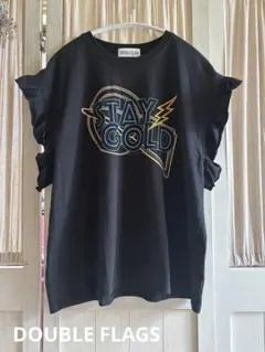 ダブルフラッグ　フリルショルダープリントTシャツF 黒　カラフルプリントのサムネイル