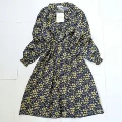【新品】 ウエストシャーリング 長袖ワンピース 花柄 ボウタイフリル ネイビー
