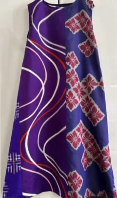銘仙　着物　リメイク　ハンドメイド　ワンピース　紫の花柄幾何学模様　古布