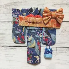 2 ハンドメイド リカちゃん服 着物 振袖 鶴 ブルー