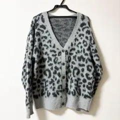 ヒョウ柄 ニット カーディガン ギャル系 Vネック レオパード グレー