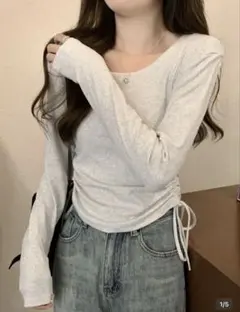 シーイン ラウンドネック カットソー　絞り紐デザイン 長袖Tシャツ グレー