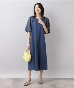UNTITLED リネン混ボリューム袖ワンピース　ブルー　バルーンスリーブレース