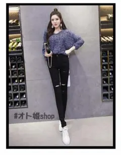 パンツ　ズボン　ジーンズ　デニム　ダメージジーンズ　ブラック　スキニー　美脚