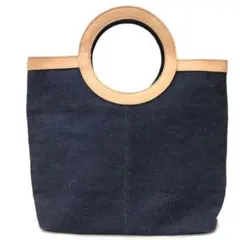バ*。様 中古 美品 トート ハンド バッグ デニム キャンバス 無地 ネイビー