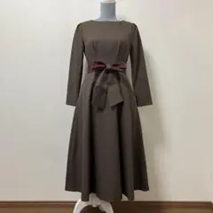 タグ付き　クチュールブローチ　ロングワンピース　チェック　リボンベルト 秋　長袖