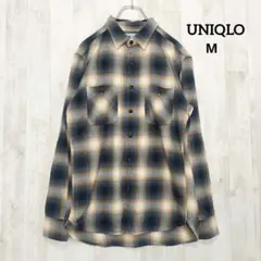 ユニクロ 長袖ネルシャツ オンブレチェック 綿100％ (Ｍ) 紺 黄色系 秋冬