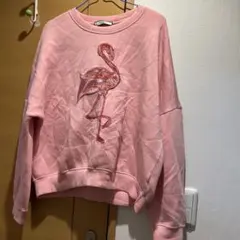 レディースピンク色長袖トレーナー長袖シャツトップス　フラミンゴ柄