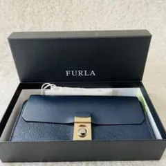 【美品】FURLA 長財布 ミラノ XL レザー ネイビー フラップ財布