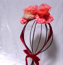 【435】七五三　髪飾り　赤顎紐リボン付き　帯揚げ　オレンジ　リボン