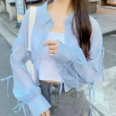 未使用　INGNI　袖リボンラメシアーショートシャツ　Mサイズ