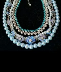 ブルー パール ヴィンテージ ガラス フラワー 4連 ネックレス h50