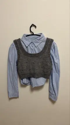 レイヤード風 ニットベスト ストライプシャツ セット