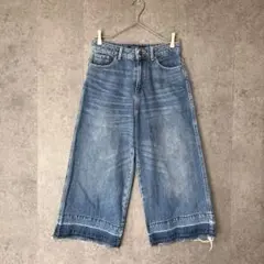 ZARAザラ ワイドレッグ デニムパンツ フリンジ裾 ウォッシュ加工 S M