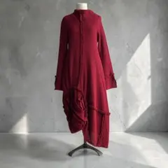 〔ワンピース〕　ボルドー　花　ニット　ウール　ロング　長袖　アシンメトリー