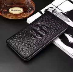 クロコダイル柄長財布　高級フェイクレザー　大容量　盗難防止ストラップ付ブラック