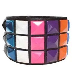 10色　カラフル　スタッズ　鋲　スクエア　3列　レザー　ブレスレット　黒色