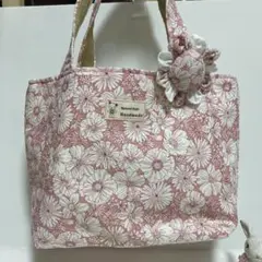 トートバック　サブバック　ピンク小花　ブローチ付き