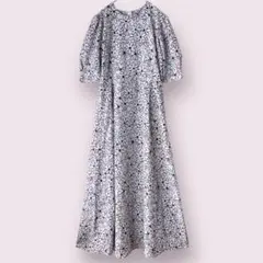 レトロ 花柄 パフスリーブ ワンピース ロング丈 モノトーン 白黒 紫 Aライン