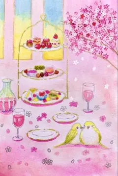 みみ様専用早春のティータイム 水彩画　値段は※900円です