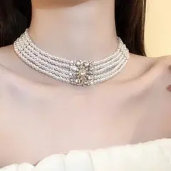 【新品】5連ネックレス　パールネックレス　パールチョーカー　結婚式　エレガント