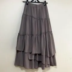 【美品】ティアードロングスカート フレアスカート グレージュシフォン上品Ｆサイズ