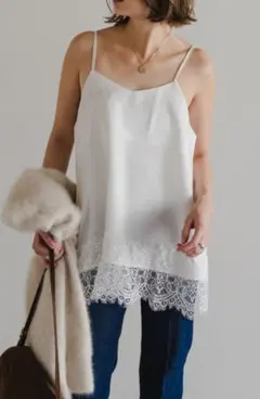 新品　ボンジュールサガン　 レーストリムキャミソール 　オフホワイト