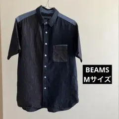 BEAMS 半袖シャツ 切替え　パッチワーク　ネイビー系 Mサイズのサムネイル