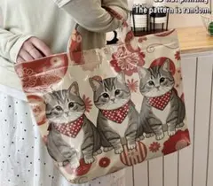 猫柄 トートバッグ PVC ハンドバッグ　表面ビニール　猫柄かばん　和柄猫　赤⑤