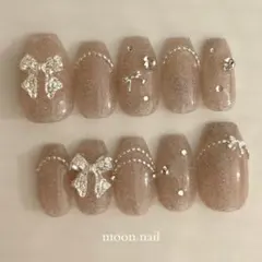 オーダー ネイルチップ フラッシュ ベージュ リボン 量産型 韓国 ガーリー