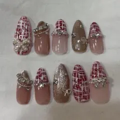 現品　ワンホン クリスマス　リボン　韓国 フレンチガーリー ネイルチップ