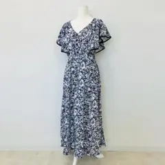 【a0384】花柄フリルワンピース 総柄 半袖 Aライン M シルエット美人