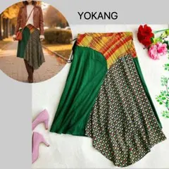 YOKANGヨーカン★和柄 アシンメトリー 異素材ドッキング 変形 巻きスカート