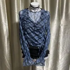 シアーブラウス チェック柄 ギャザーリボン 透け感 フェアリーグランジ y2k