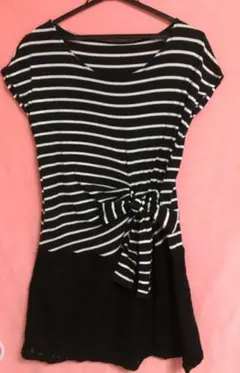 Style Ravie ワンピース，黒花柄のスカートレース、ボーダーワンピース