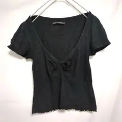 Sサイズ Vネック 半袖リブTシャツ リボン付き ブラック 黒 海外