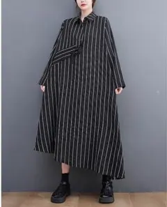 大きいサイズ レディース 秋冬 ロング　ワンピース　ストライプ　新品 長袖　韓国