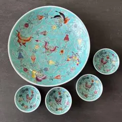 景徳鎮　青色の花と蝶々模様の皿セット