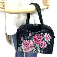 美品 フェイラー バッグ FEILER ブラック 赤ピンク ローズ薔薇フラワー柄