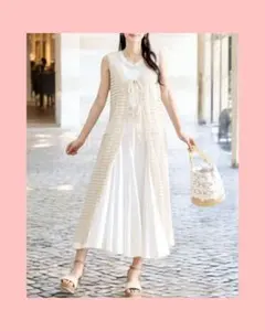 ♦♠♥♣新品未使用！フロントリボン透かし編みロングニットベスト