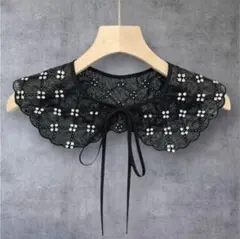新品未使用◆ビーズ装飾付きブラックレースつけ襟◆スカラップレース