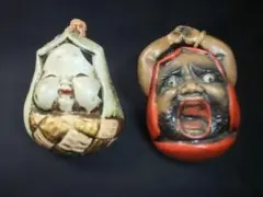 時代物 ヴィンテージ 七福神面根付 天然素材 在銘有 2点セット約3.5cm 時代物 ヴィンテージ 七福神面根付 天然素材 在銘有 2点セット約3.5cm
