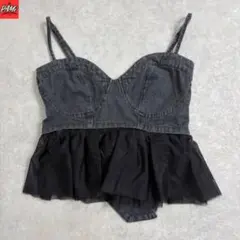 GRLグレイルチュール切替デニムビスチェ黒Ｍ新品未使用チュール取り外し可キャミのサムネイル