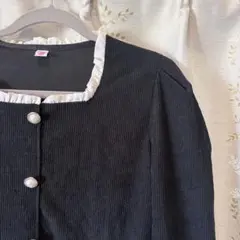 パールボタン フリル リブトップス 韓国 ガーリー ブラック