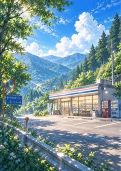 【イラスト】山あいのコンビニと夏の風景 アートポスター