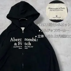 【美品】アバクロ フルジップパーカー 黒 立体刺繍ロゴ 短丈 Y2K Mサイズ