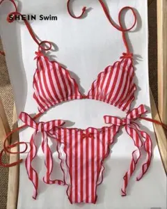 【新品未使用】SHEIN シーイン ストライプ柄 フリルビキニ レッド×ピンク