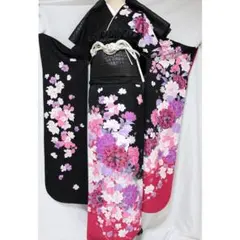 【美品】振袖7点セット ◆169.5cm花柄トールサイズフルセット黒 IG52