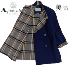 【美品】アクアスキュータム　ウールコート　クラブチェック　ダブルボタン　ネイビー