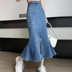 【新品】デニムマーメイドスカート ロング スリット ハイウエスト ブルー 美脚L